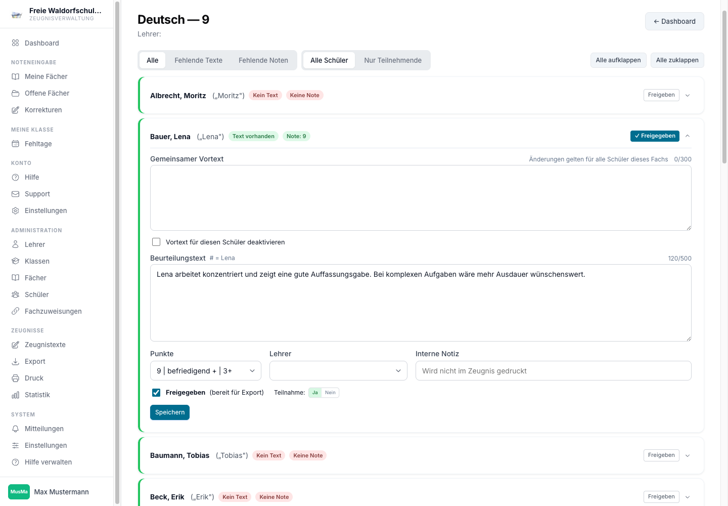Zeugnistext-Editor mit Vortext, Beurteilungstext, Note und Freigabestatus